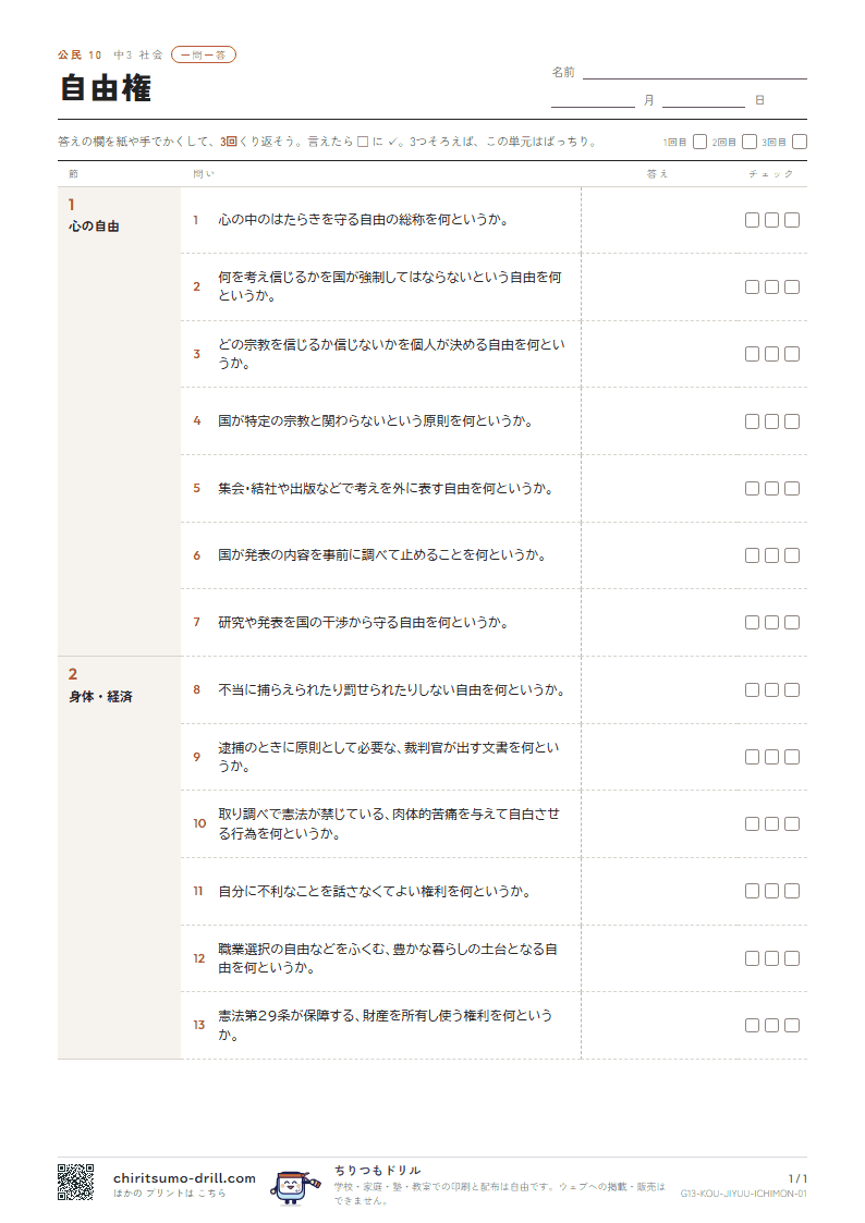 自由権 一問一答の見本