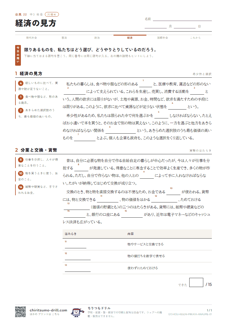 経済の見方 穴埋めの見本