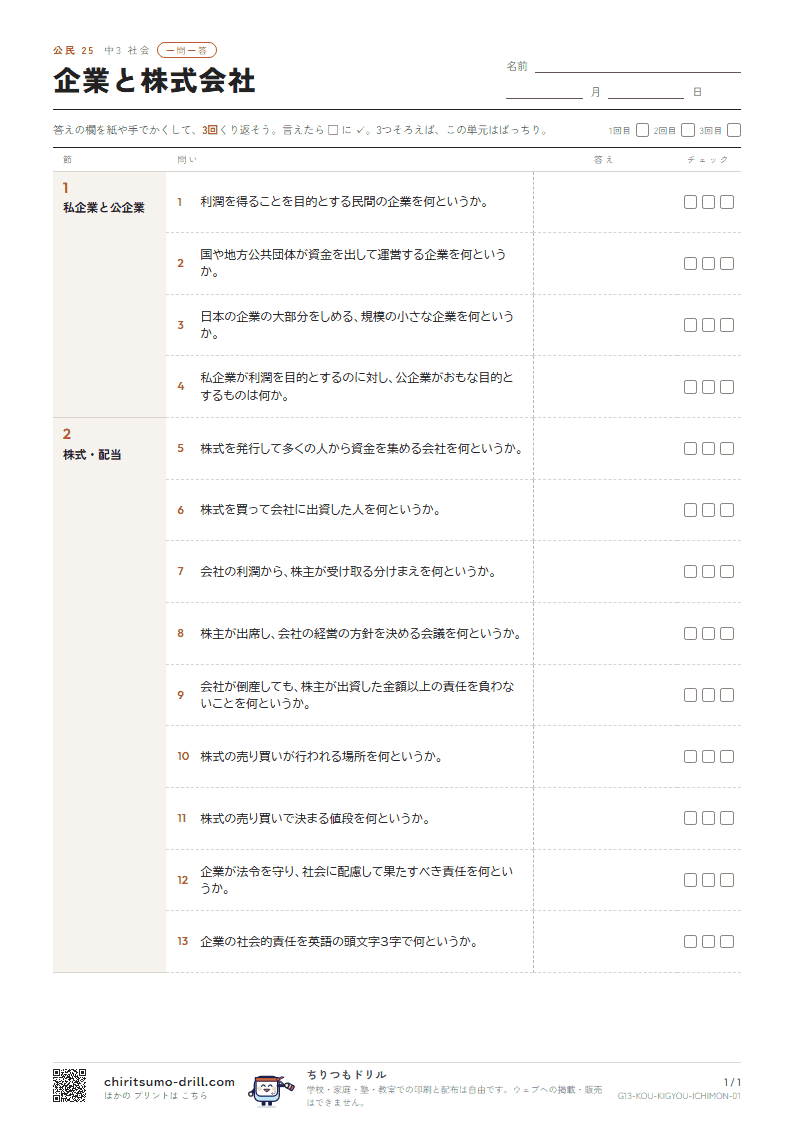 企業と株式会社 一問一答の見本