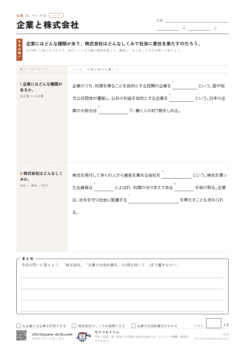 企業と株式会社 ノートの見本