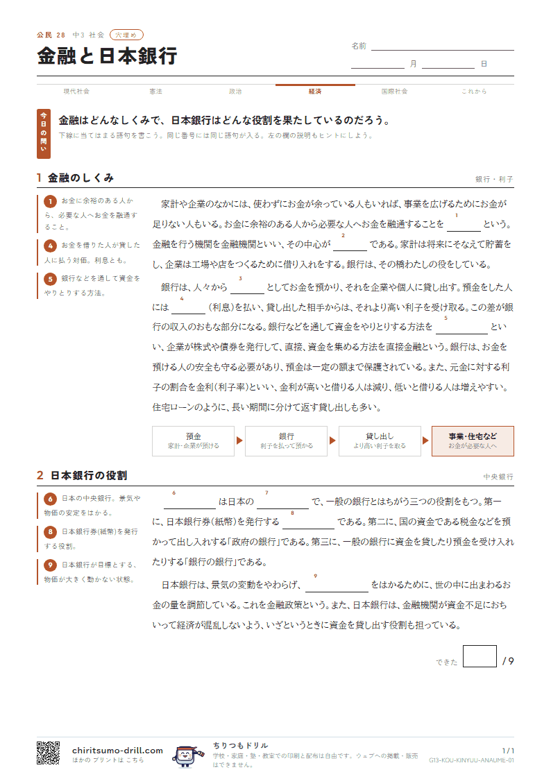 金融と日本銀行 穴埋めの見本