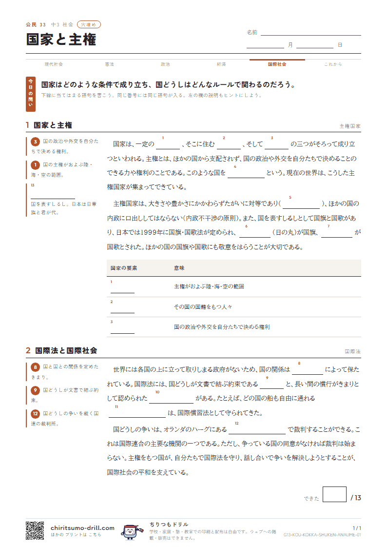 国家と主権 穴埋めの見本