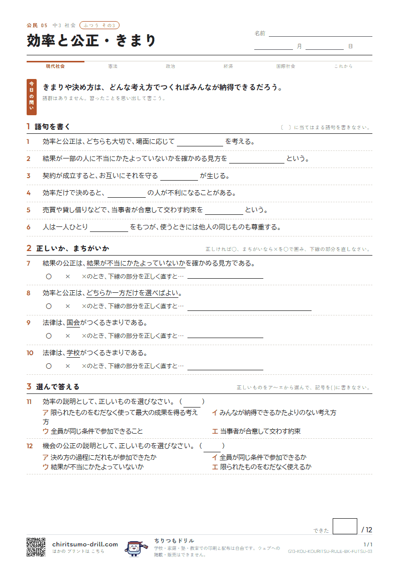 効率と公正・きまり ふつう その3の見本