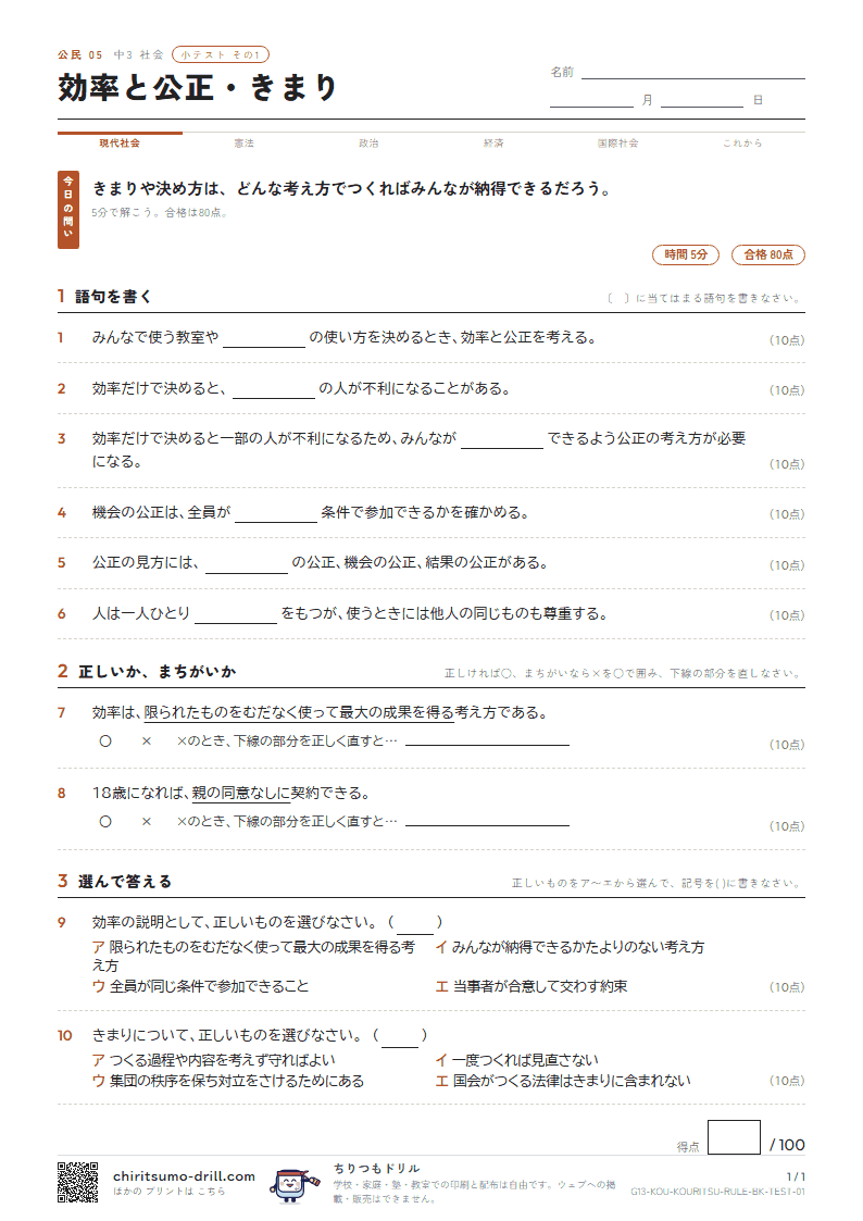 効率と公正・きまり 小テスト その1の見本