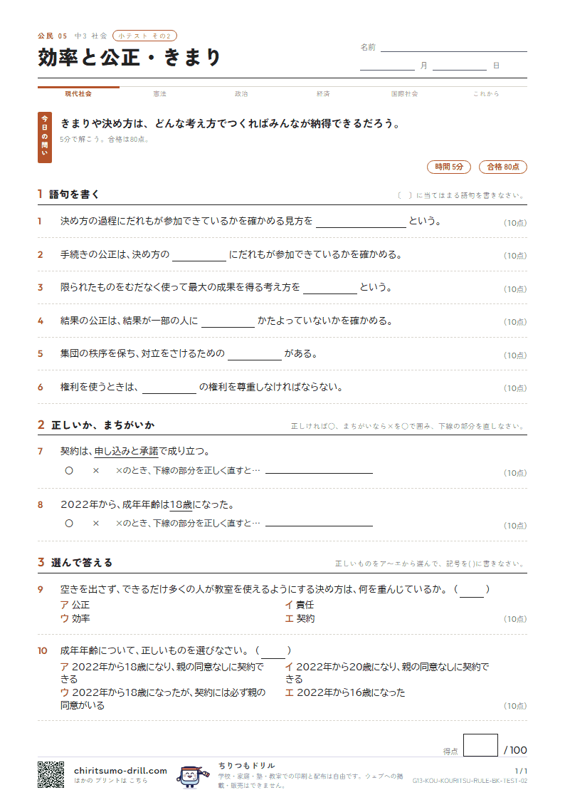 効率と公正・きまり 小テスト その2の見本