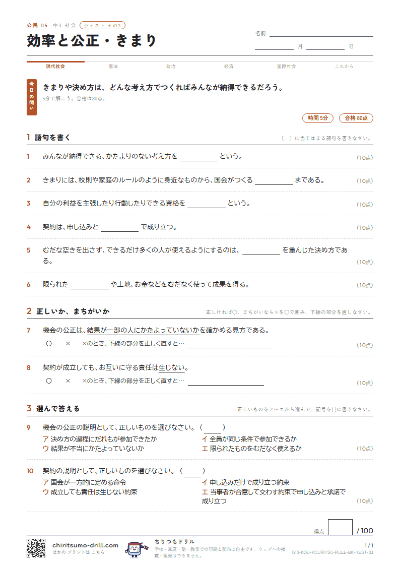 効率と公正・きまり 小テスト その3の見本