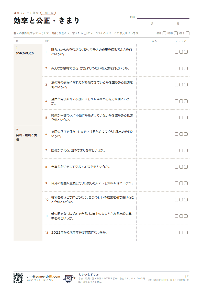 効率と公正・きまり 一問一答の見本