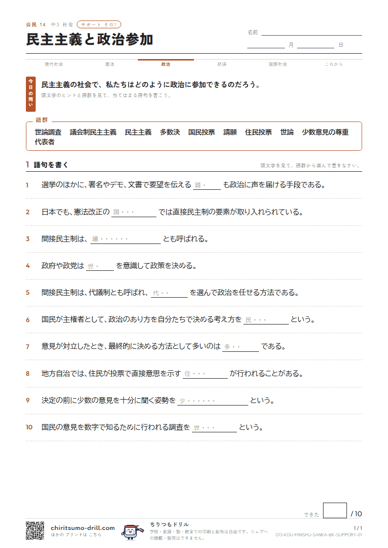 民主主義と政治参加 サポート その1の見本