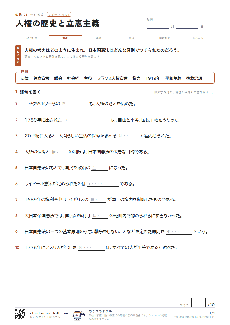 人権の歴史と立憲主義 サポート その1の見本