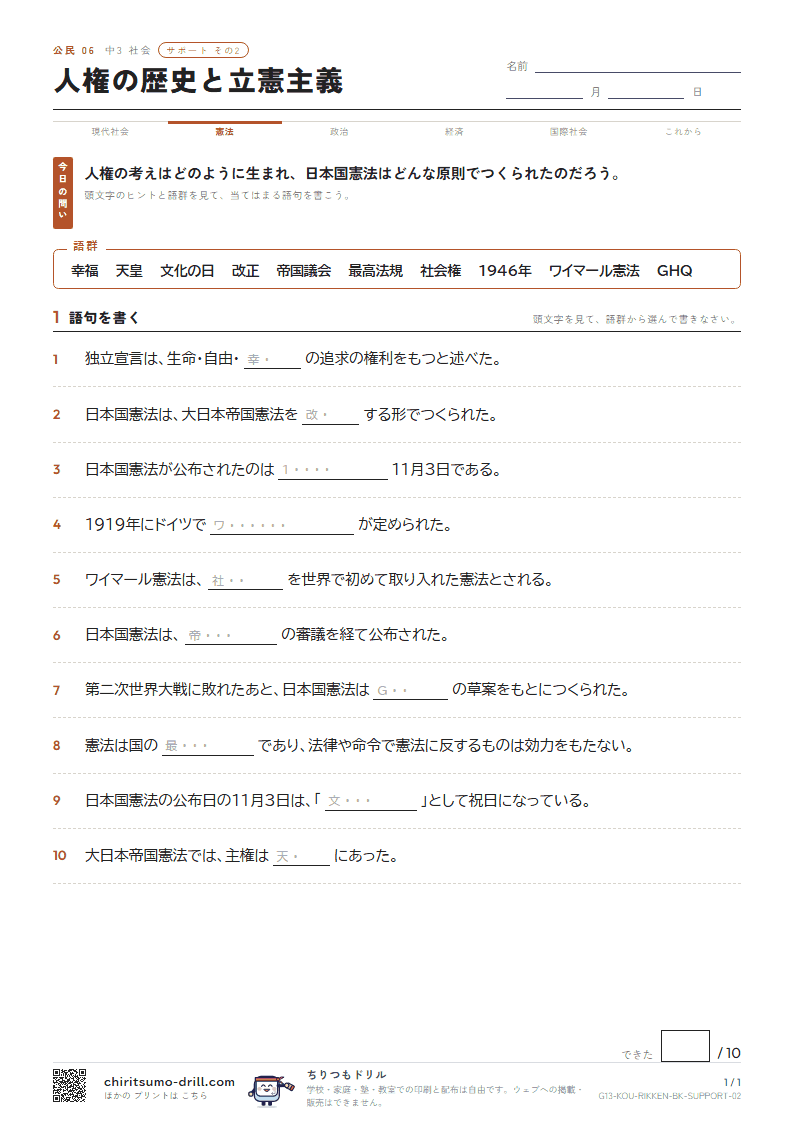 人権の歴史と立憲主義 サポート その2の見本