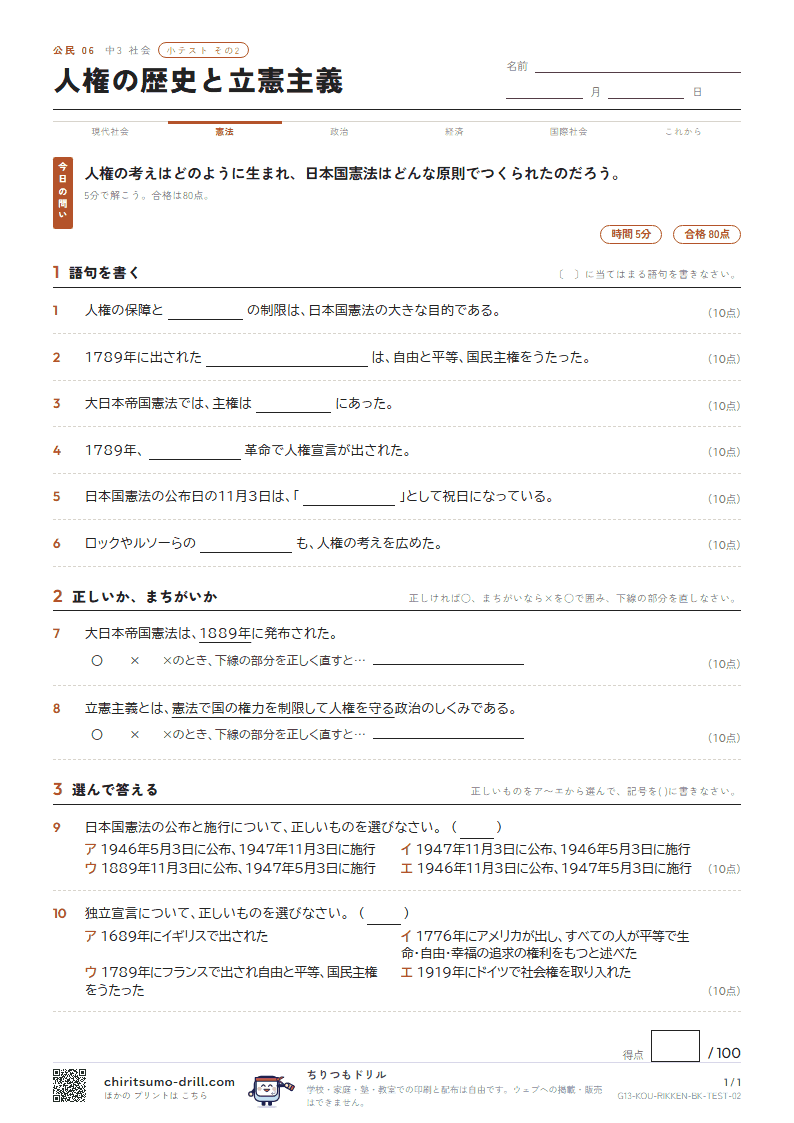 人権の歴史と立憲主義 小テスト その2の見本