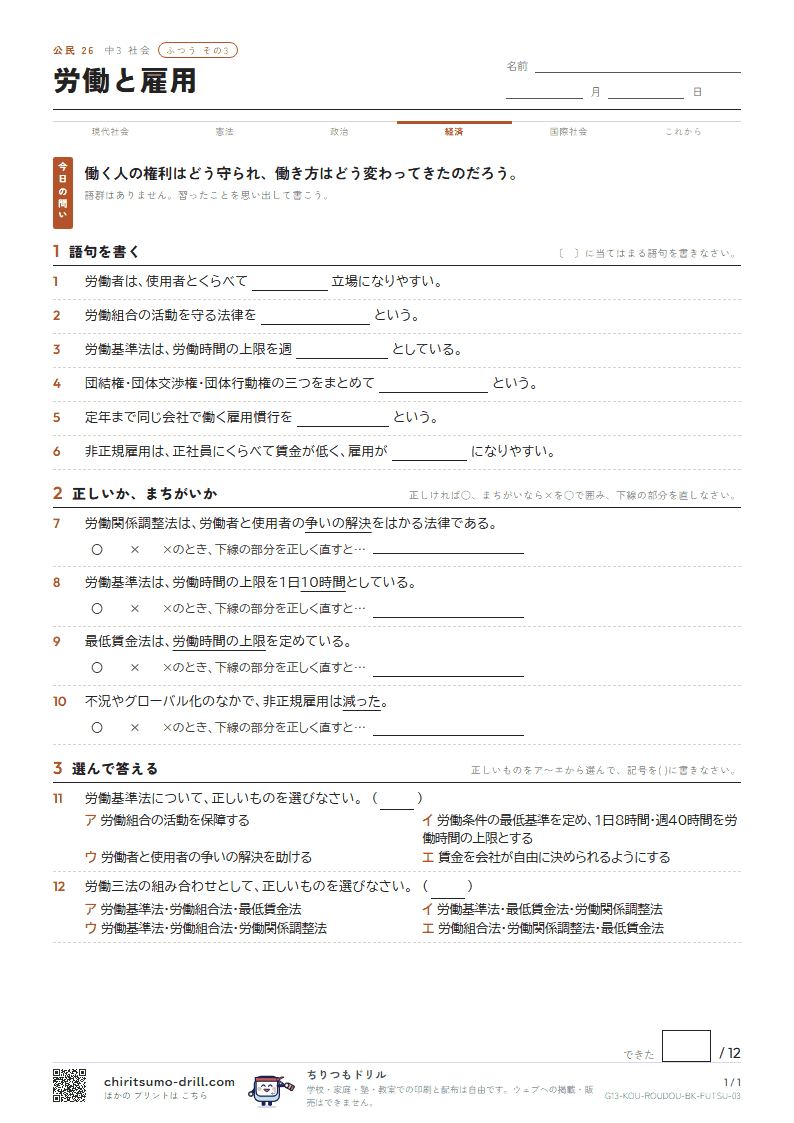 労働と雇用 ふつう その3の見本