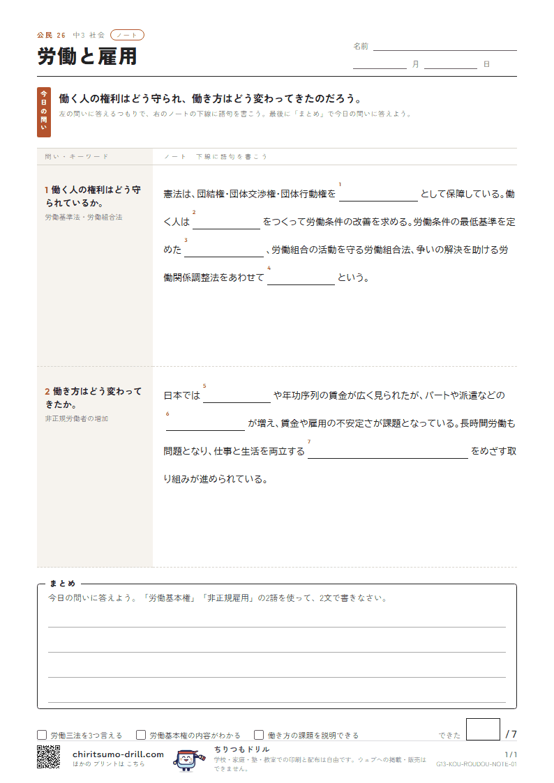 労働と雇用 ノートの見本