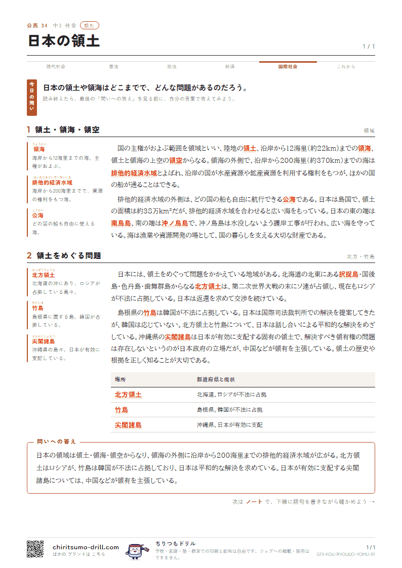 日本の領土 読むの見本
