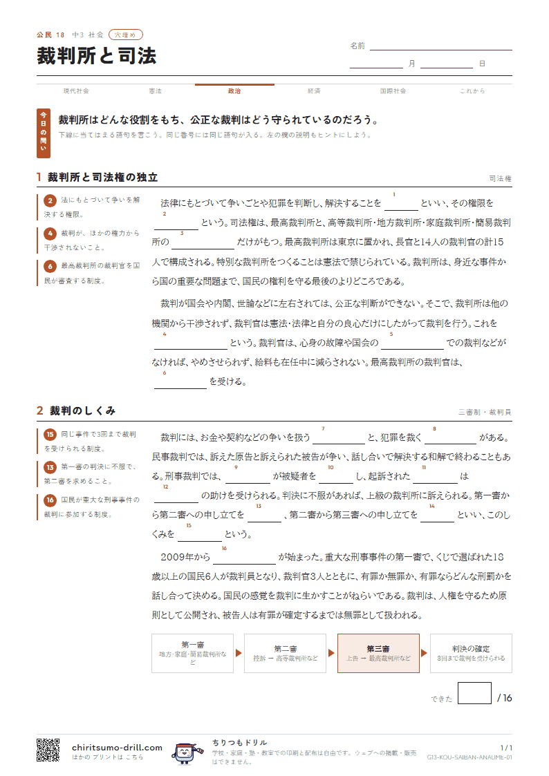 裁判所と司法 穴埋めの見本