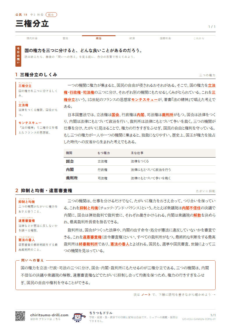 三権分立 読むの見本