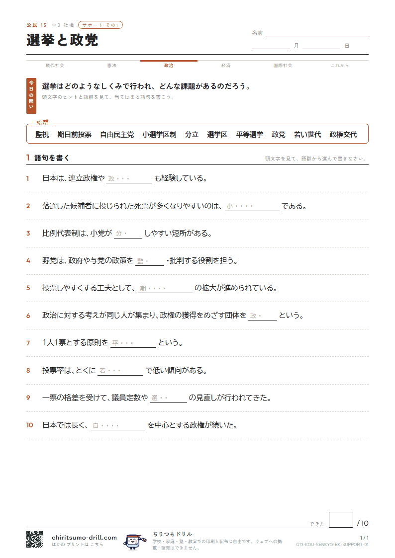 選挙と政党 サポート その1の見本