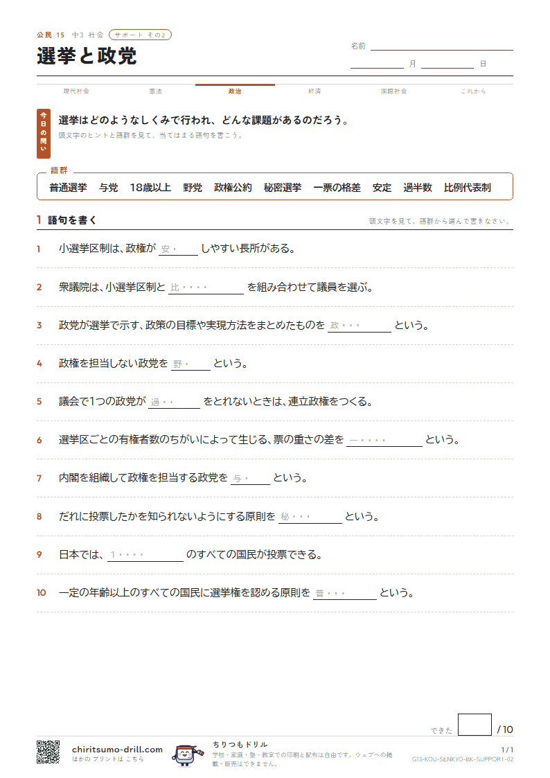 選挙と政党 サポート その2の見本