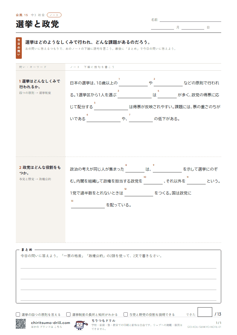 選挙と政党 ノートの見本