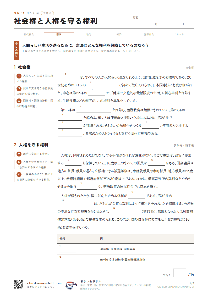 社会権と人権を守る権利 穴埋めの見本