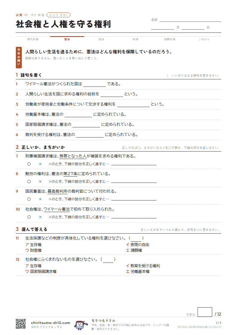 社会権と人権を守る権利 ふつう その1の見本