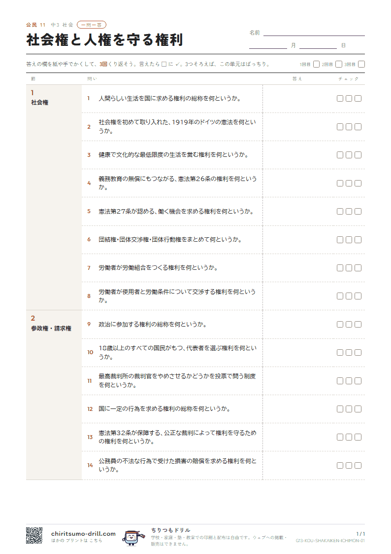 社会権と人権を守る権利 一問一答の見本