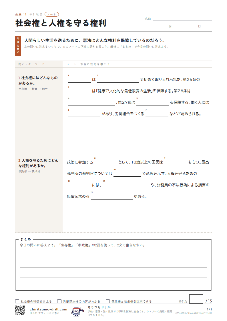 社会権と人権を守る権利 ノートの見本