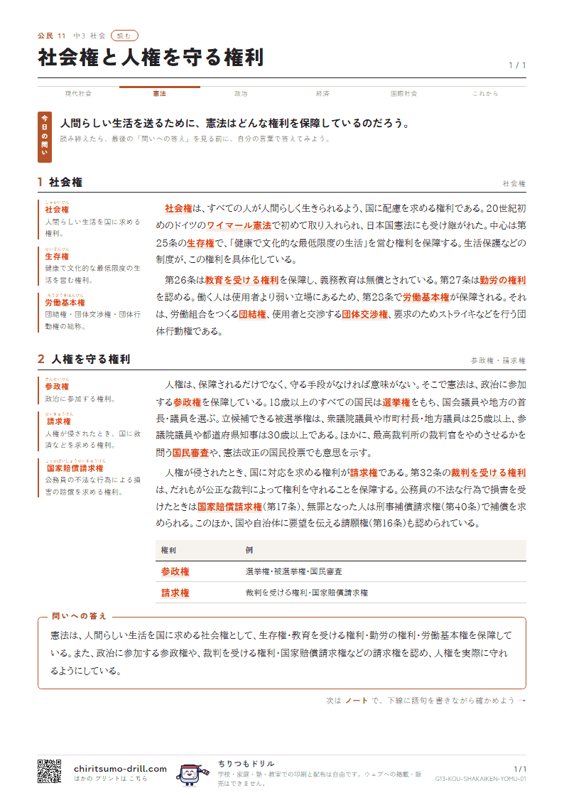 社会権と人権を守る権利 読むの見本