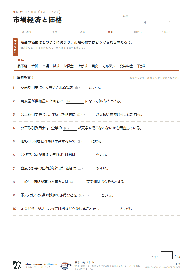 市場経済と価格 サポート その2の見本