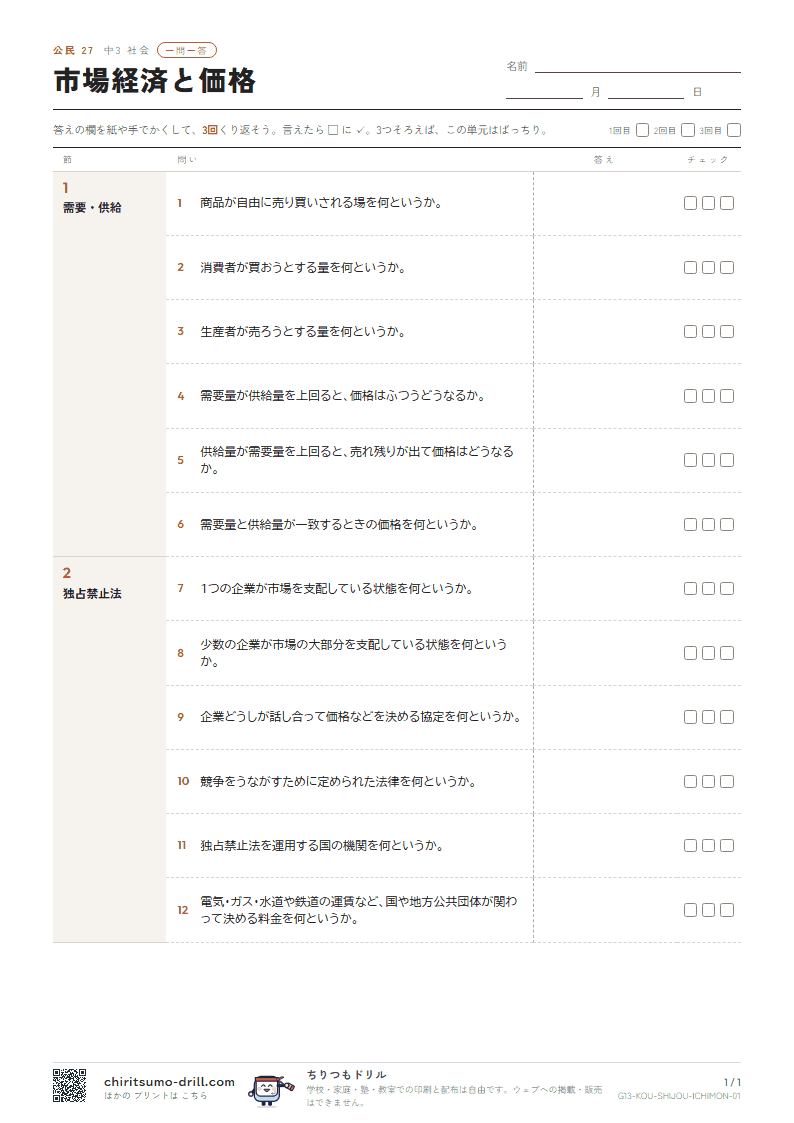 市場経済と価格 一問一答の見本