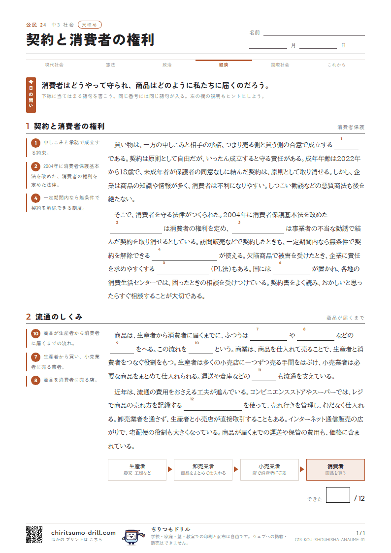 契約と消費者の権利 穴埋めの見本