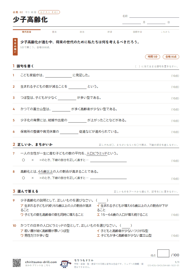 少子高齢化 小テスト その1の見本