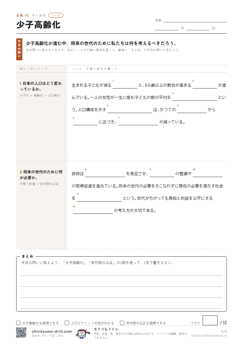 少子高齢化 ノートの見本