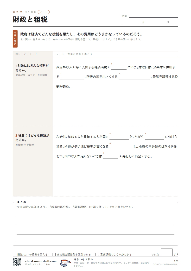 財政と租税 ノートの見本