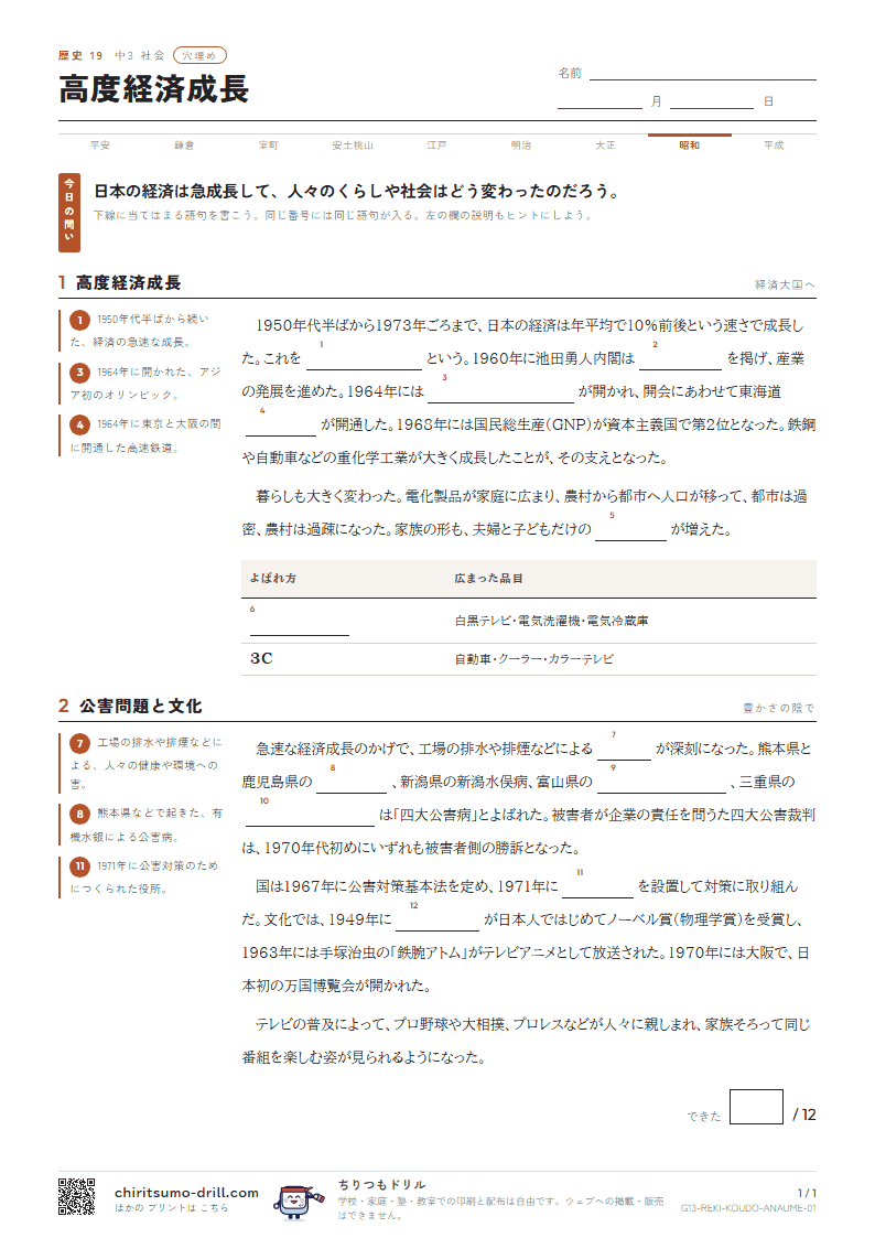 高度経済成長 穴埋めの見本