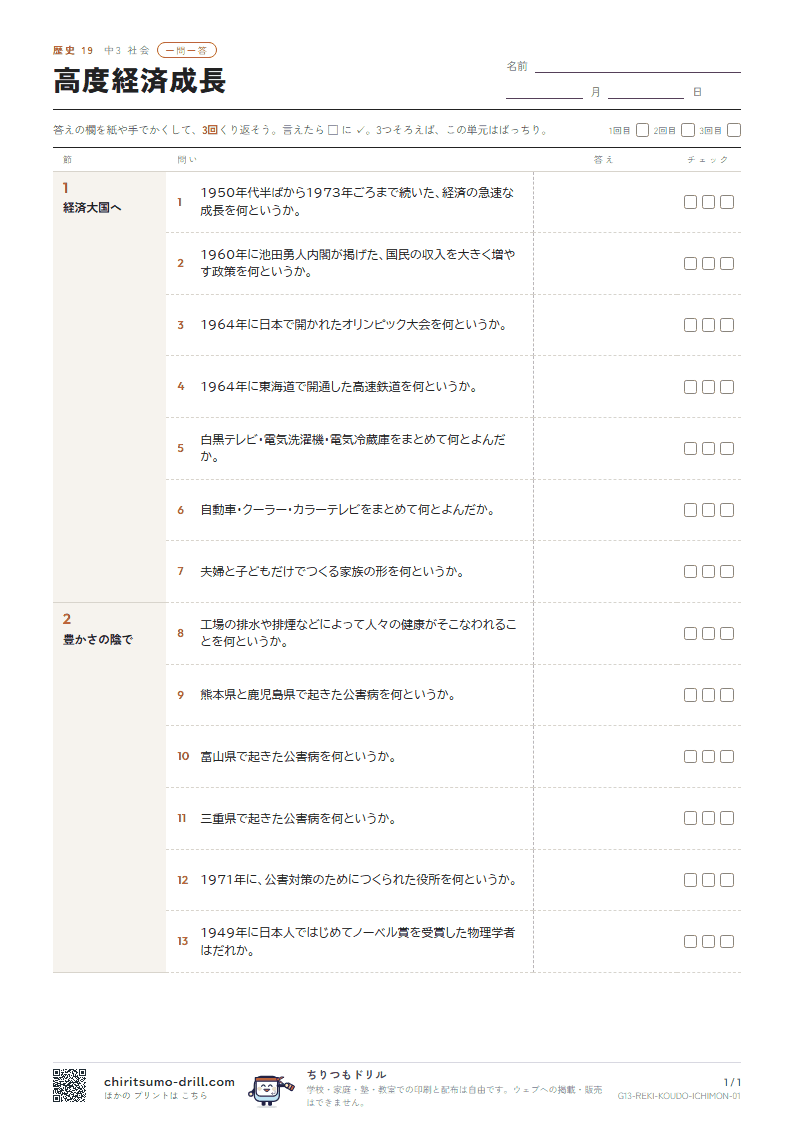 高度経済成長 一問一答の見本