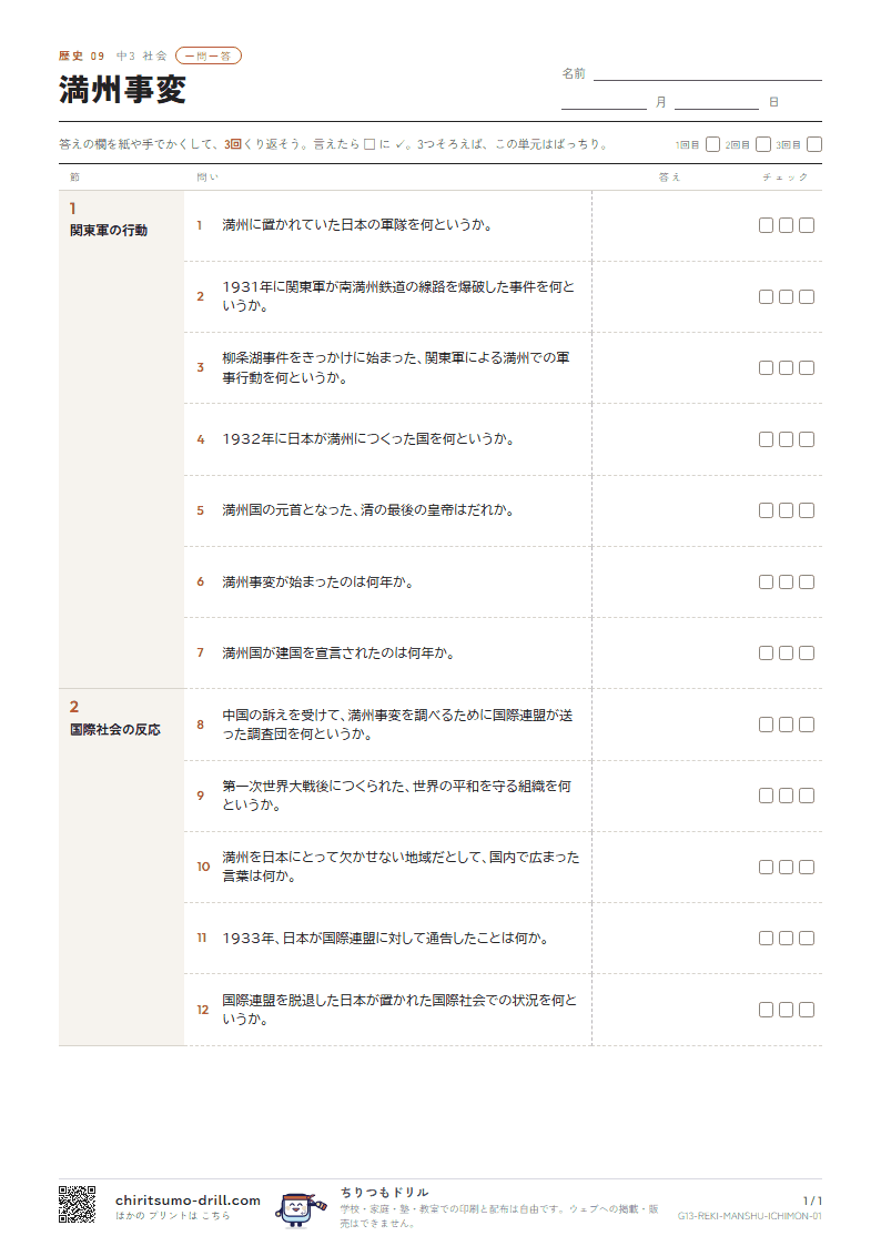 満州事変 一問一答の見本