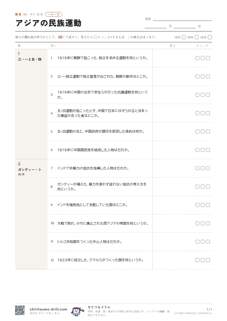 アジアの民族運動 一問一答の見本