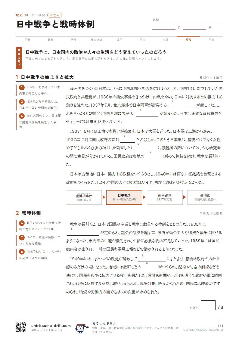 日中戦争と戦時体制 穴埋めの見本