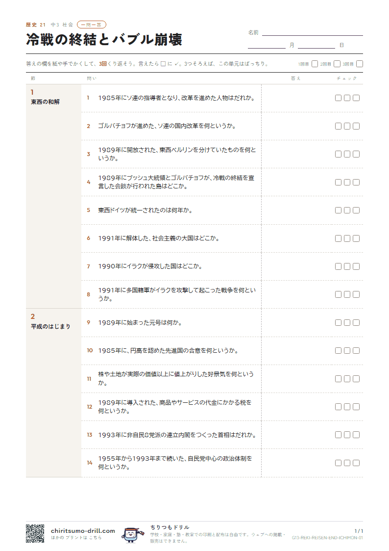 冷戦の終結とバブル崩壊 一問一答の見本