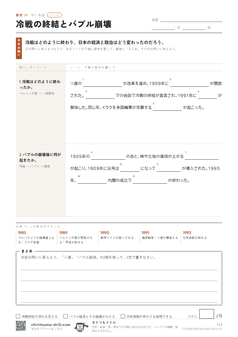 冷戦の終結とバブル崩壊 ノートの見本