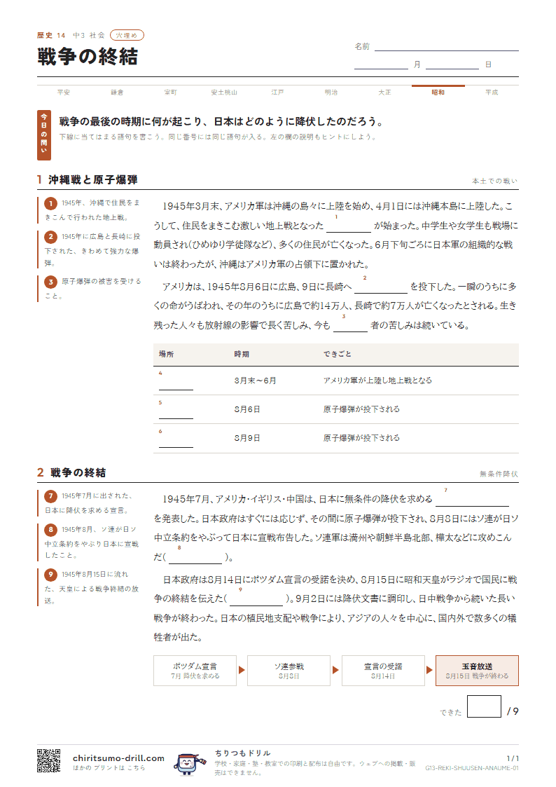 戦争の終結 穴埋めの見本