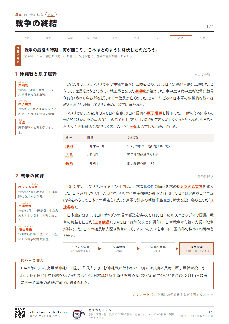 戦争の終結 読むの見本