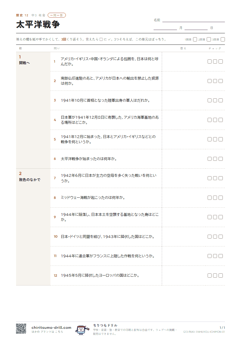 太平洋戦争 一問一答の見本