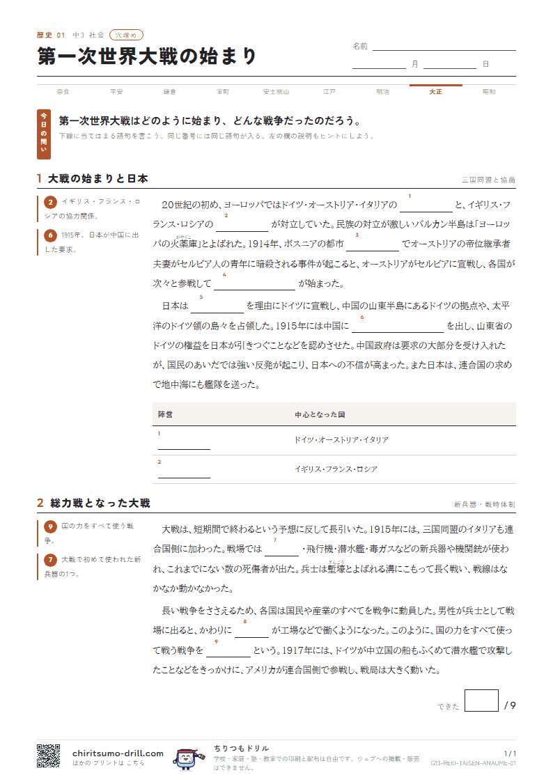 第一次世界大戦の始まり 穴埋めの見本