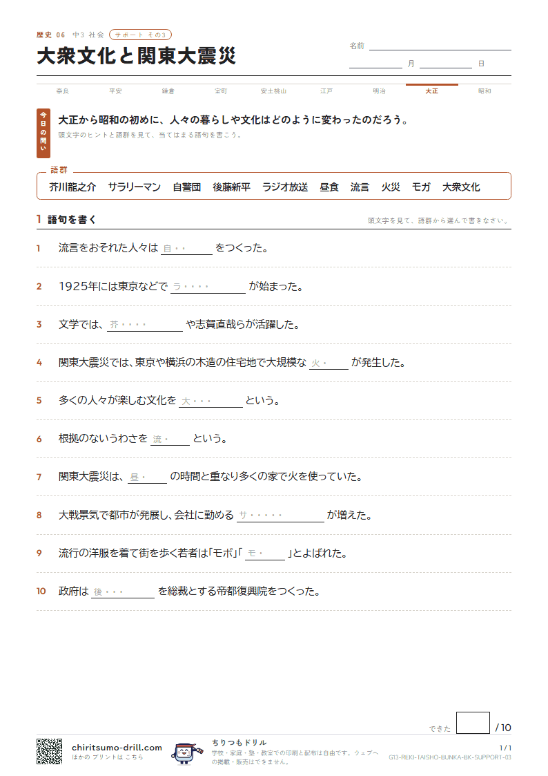 大衆文化と関東大震災 サポート その3の見本
