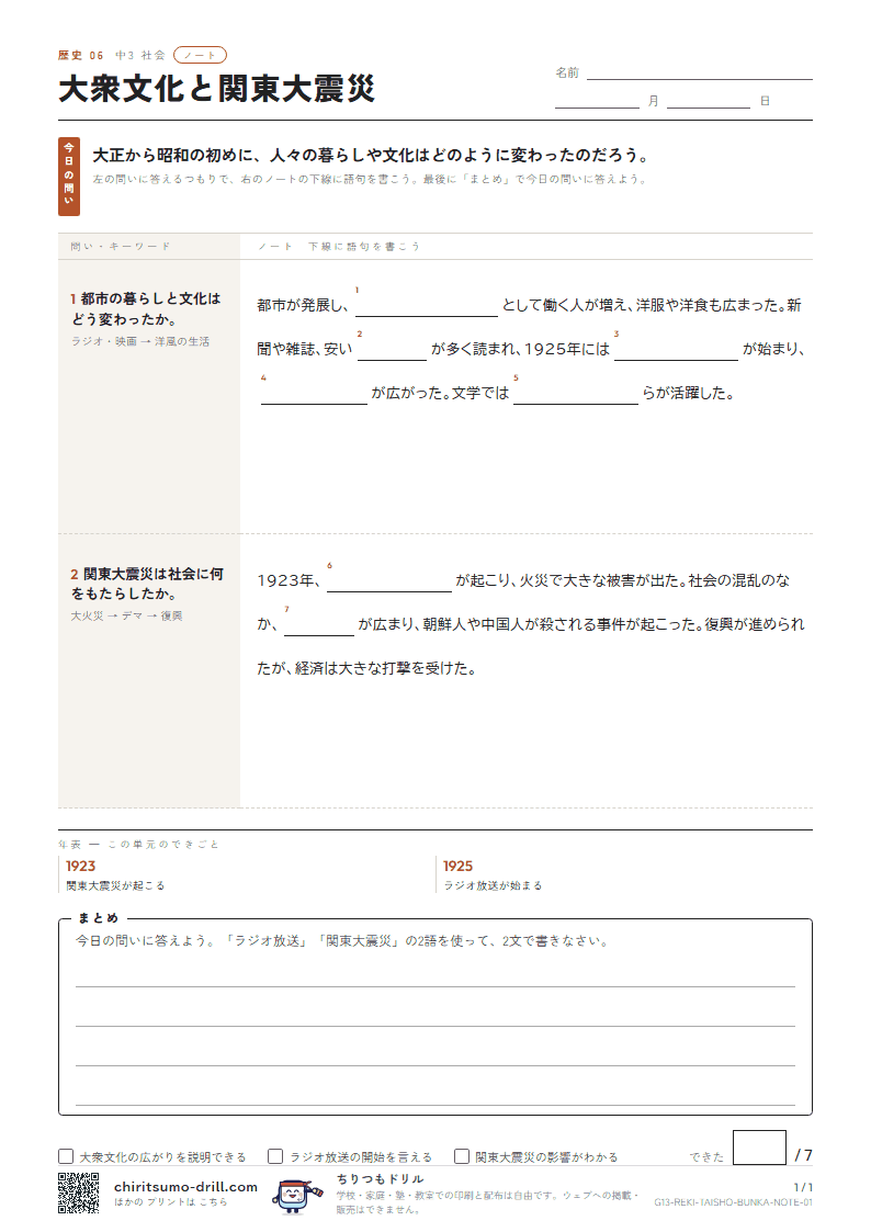 大衆文化と関東大震災 ノートの見本