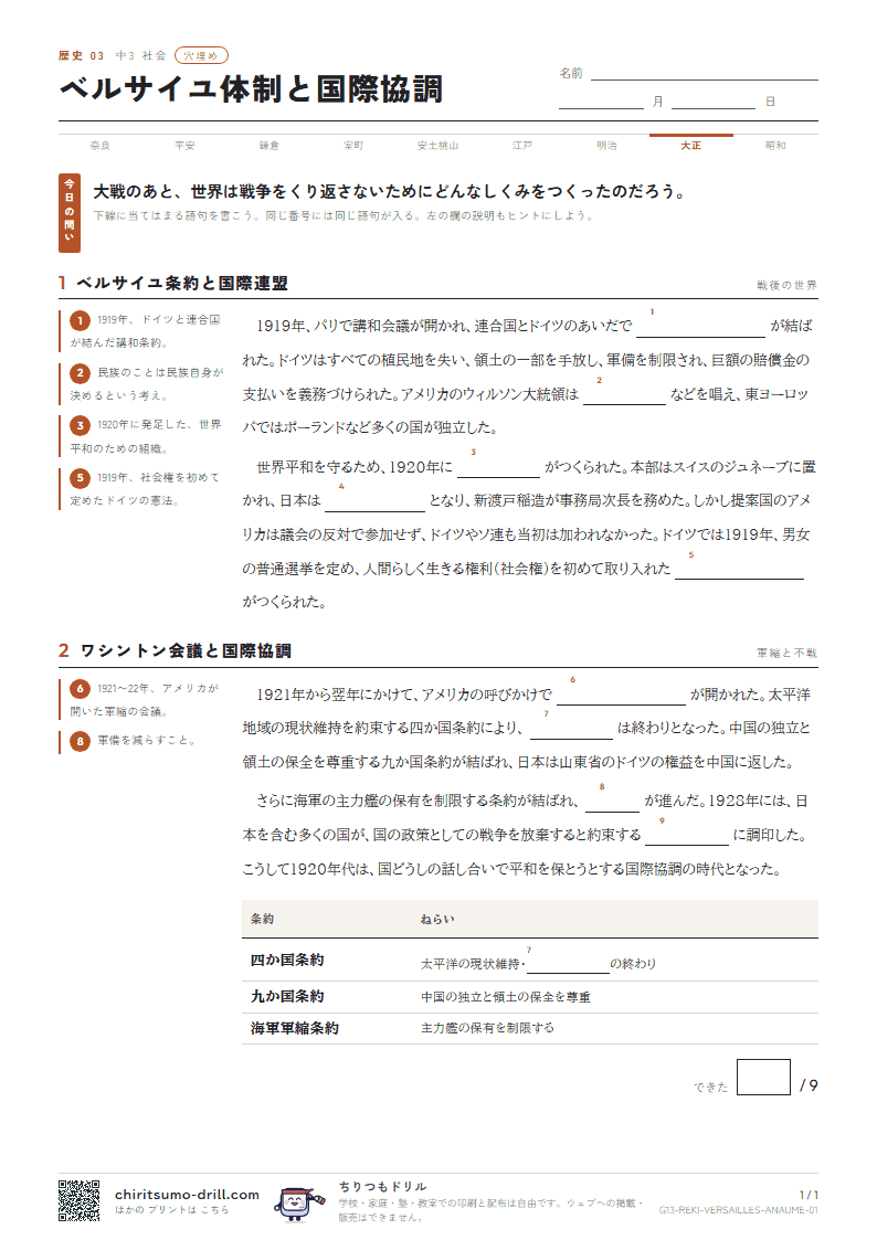 ベルサイユ体制と国際協調 穴埋めの見本