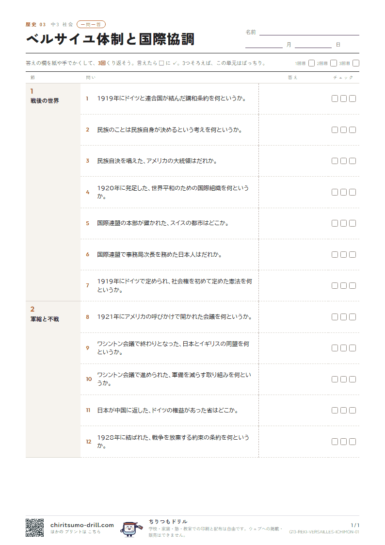 ベルサイユ体制と国際協調 一問一答の見本