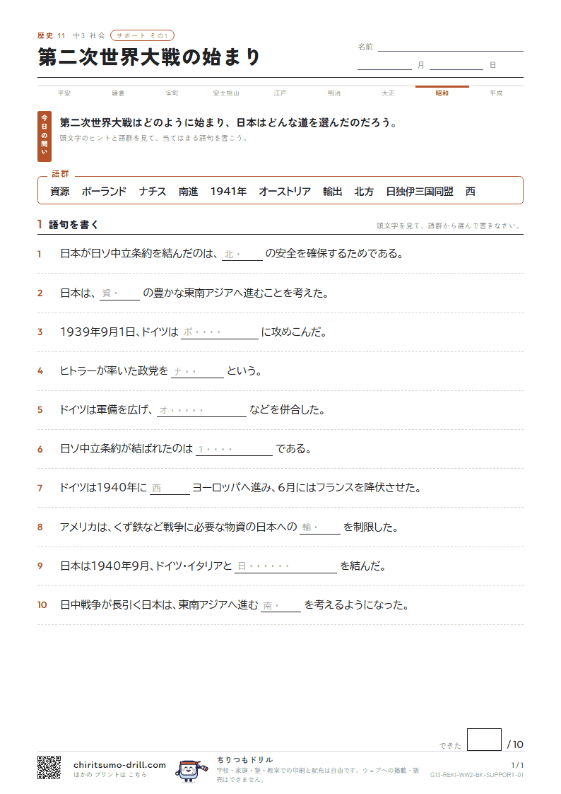 第二次世界大戦の始まり サポート その1の見本
